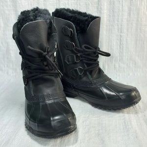 Sorel Canada Original Vintage Black Leather Faux Fur Duck Snow Winter Boots